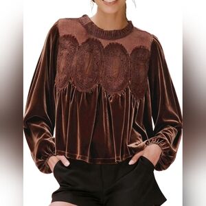 Fashion Velvet Crochet Yoke Blouse in Brown- STUNNING!!